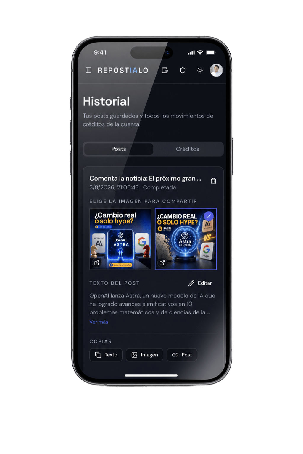 REPOSTIALO en móvil mostrando el historial de posts generados